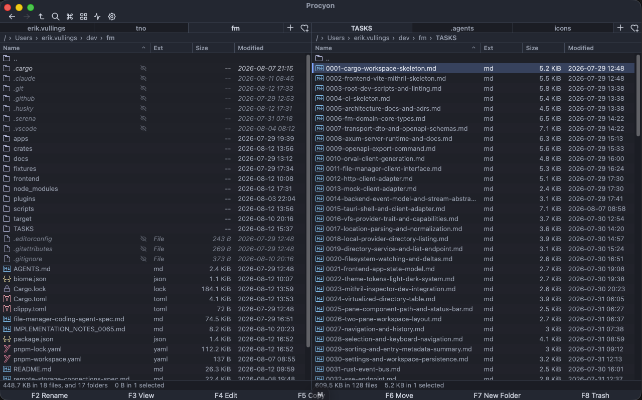 Procyon running in a window: dual panes, directory table, operation centre and command palette