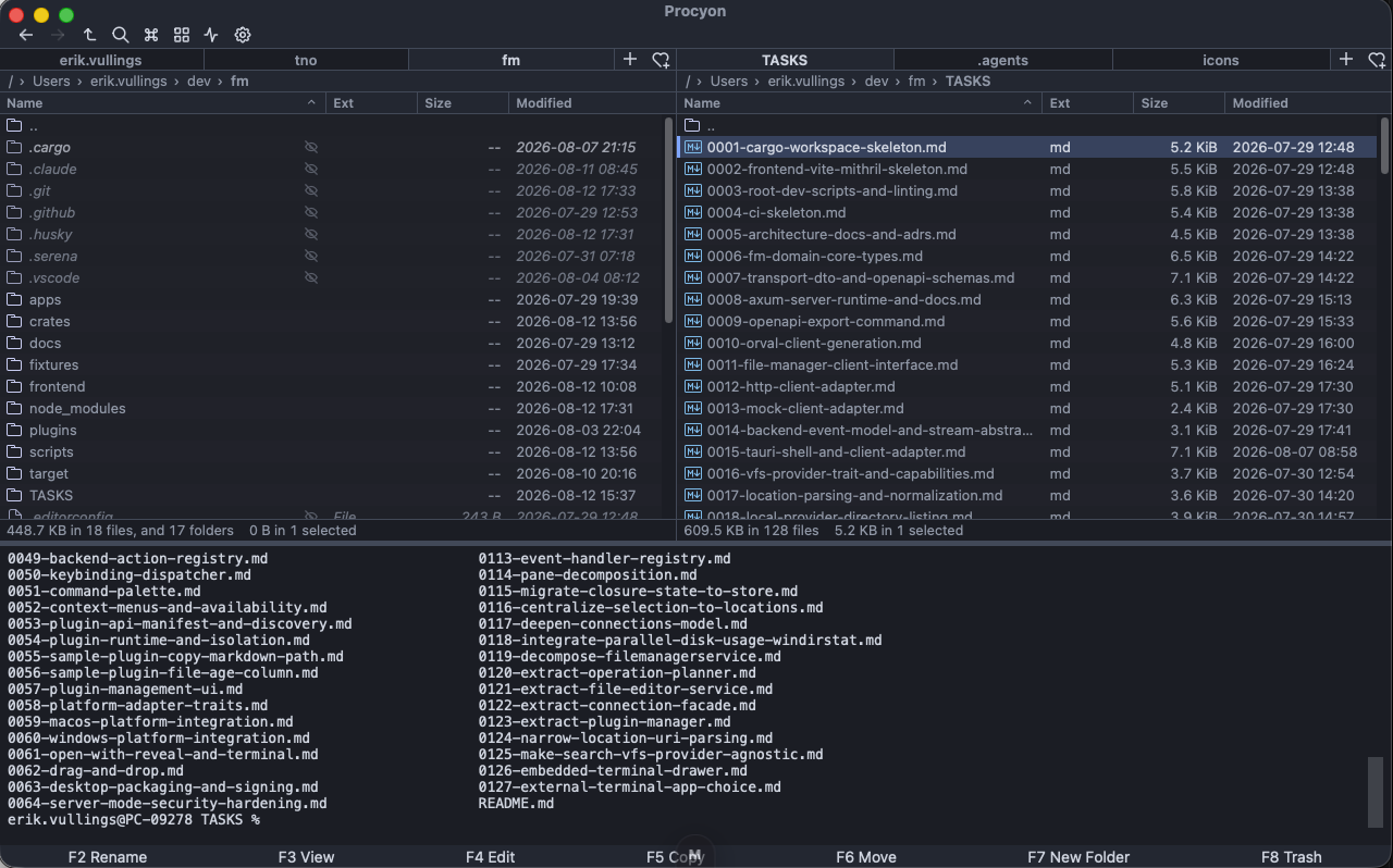 Procyon with the embedded SSH terminal open in the drawer, running commands inside the remote directory
