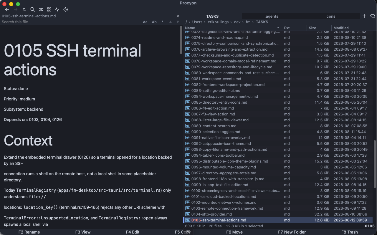 Procyon showing a Markdown file in the F4 in-app editor with a rendered preview pane